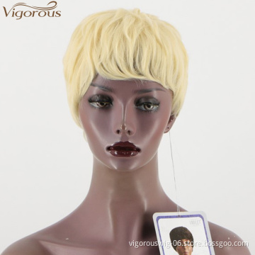 Vigorous synthetic hair fiber wigs glueless perruque machine made pixie cut short blonde curls hair for black women